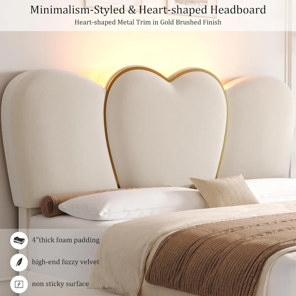 Modern Velvet Upholstered Platform Bed with 55 Tall Heart Shaped Headboard, Beige Bed