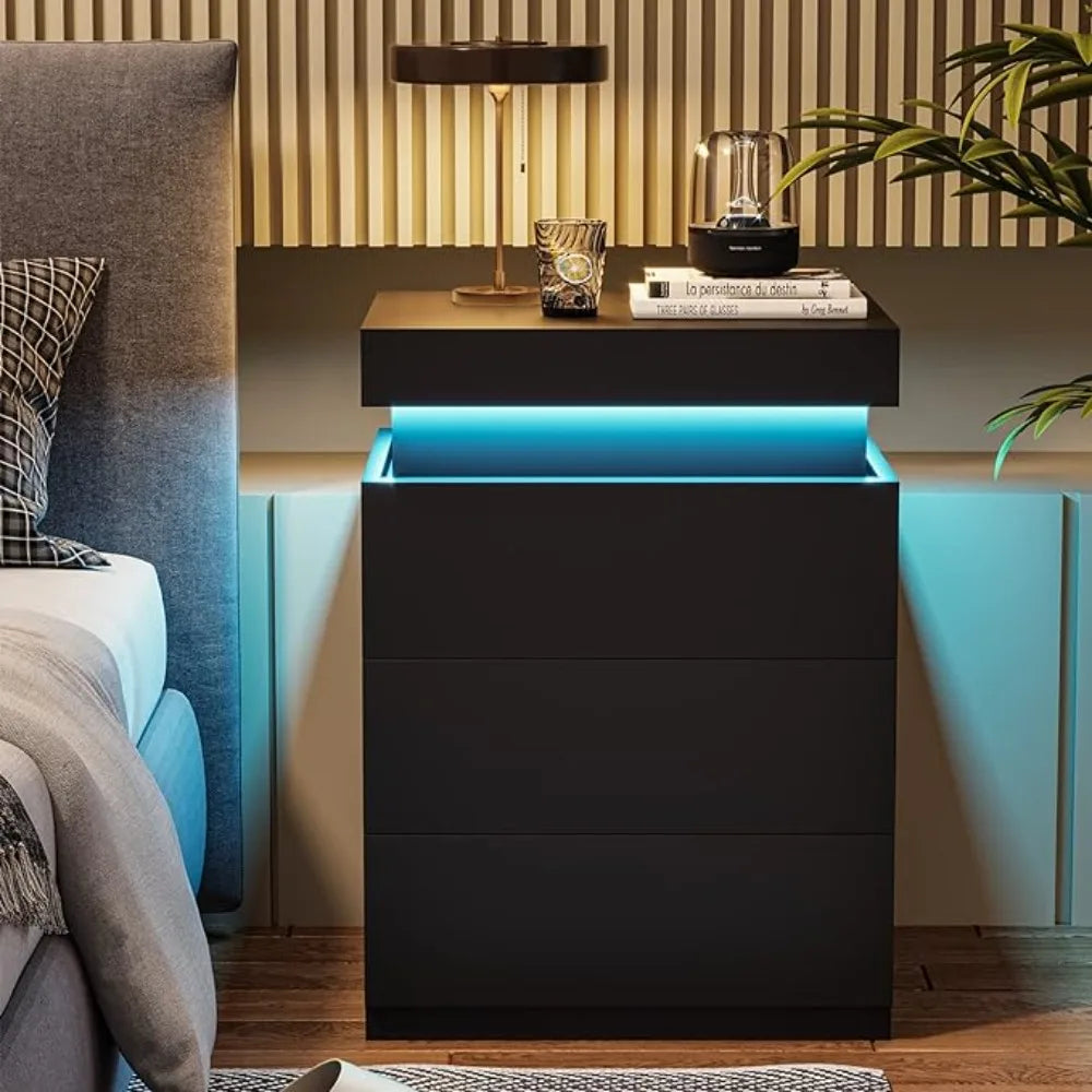 LED Bedside Table With 3 Bedroom Drawers