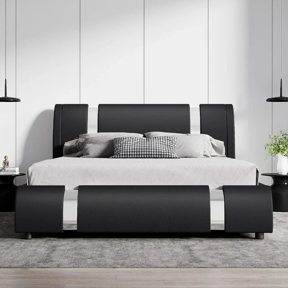 Modern faux leather queen bed frame with adjustable headboard