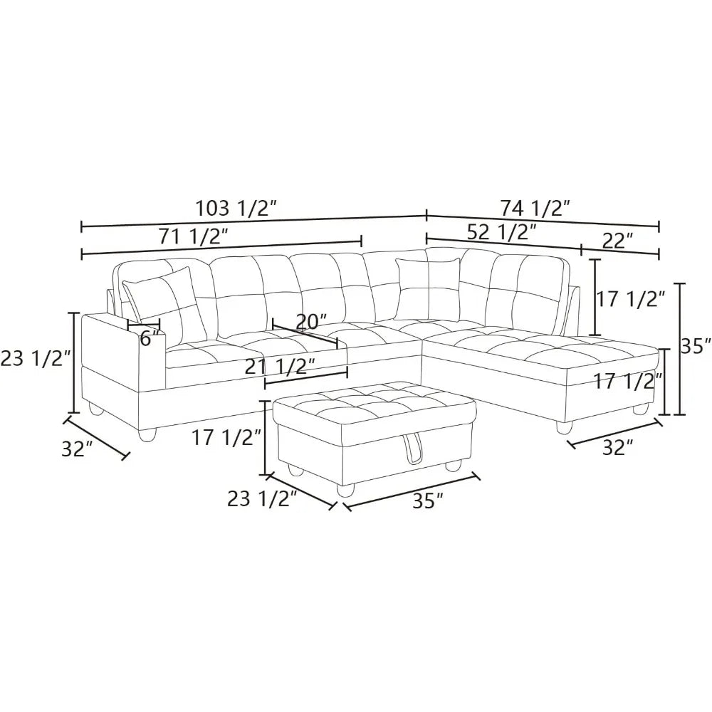 L Shape Sectional Sofa with Right Chaise, Storage Ottoman