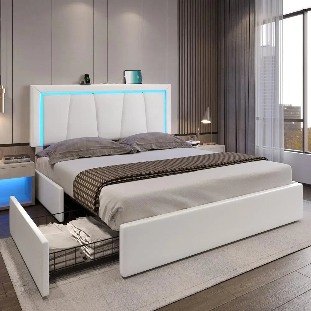 LED Bed Frame, with Storage Drawer and USB Port