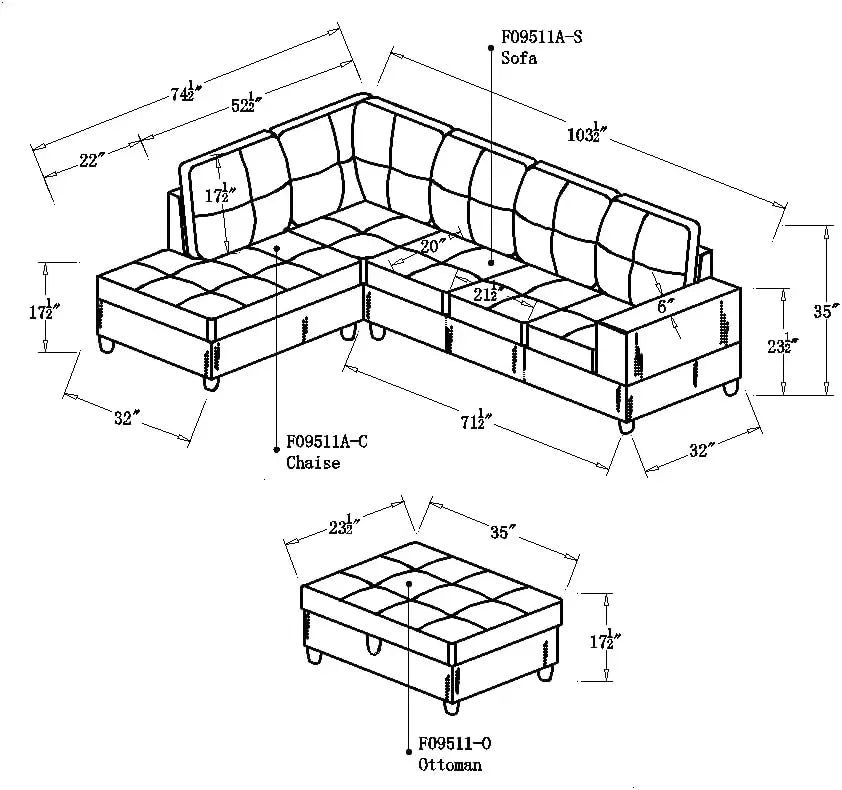 Upholstered  Modern L Shaped Storage Ottoman Chaise Sofa