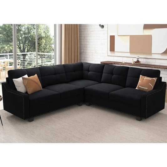 Convertible Sectional Sofa Velvet L Shaped Couch , Velvel Black Sofa