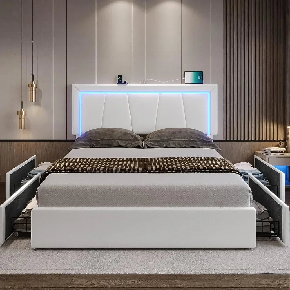 LED Bed Frame, with Storage Drawer and USB Port