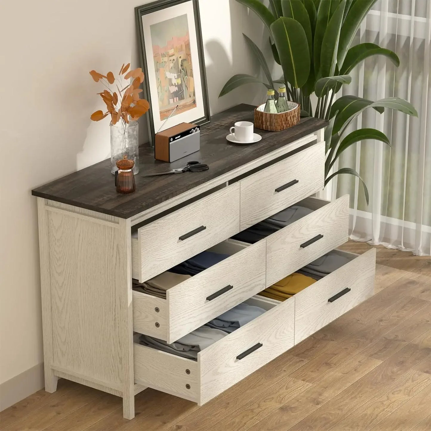 Wide Chest of Drawer w/Metal Handles, Black/White