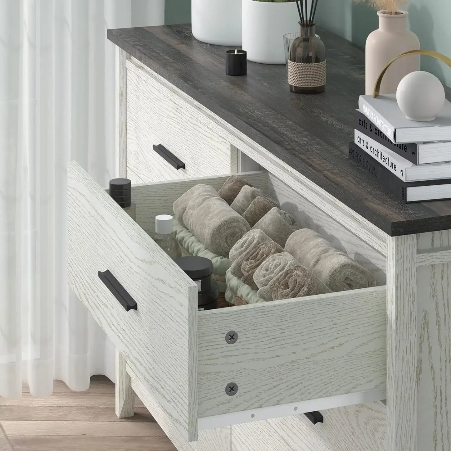 Wide Chest of Drawer w/Metal Handles, Black/White