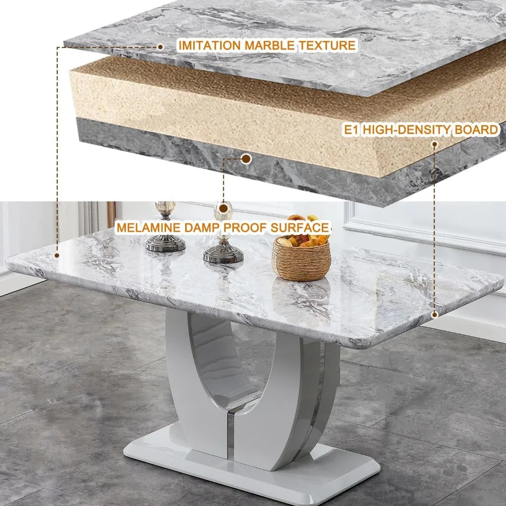 Faux Marble Tabletop＆6 Pu Leather Upholstered Chairs