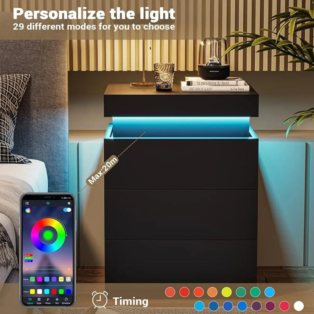 LED Bedside Table With 3 Bedroom Drawers