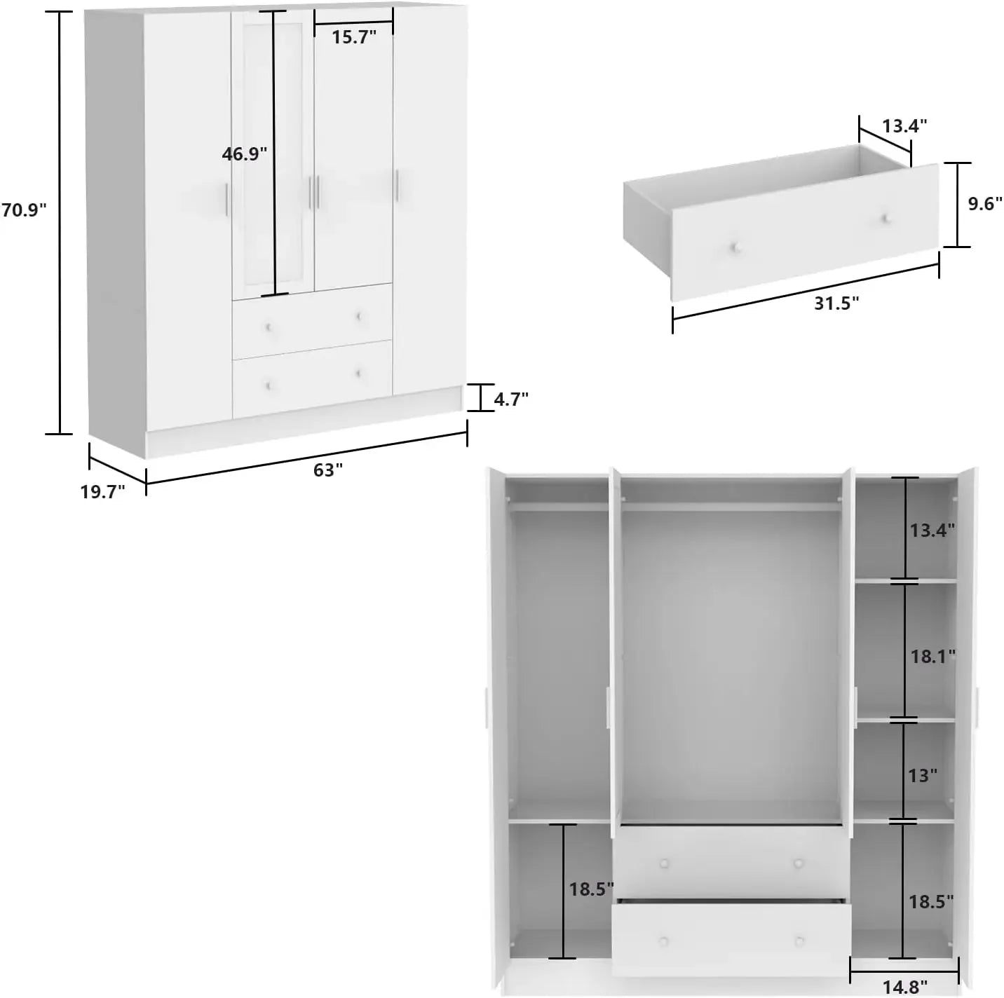 Wardrobe Armoire w/Mirror,5-Tier Shelves, White/Brown