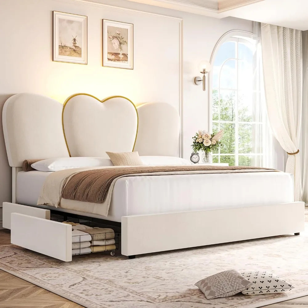 Modern Velvet Upholstered Platform Bed with 55 Tall Heart Shaped Headboard, Beige Bed