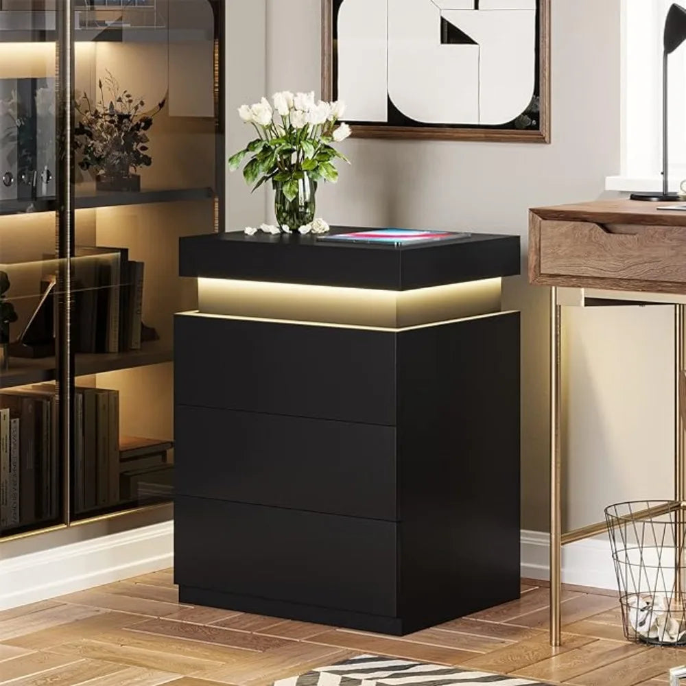 LED Bedside Table With 3 Bedroom Drawers