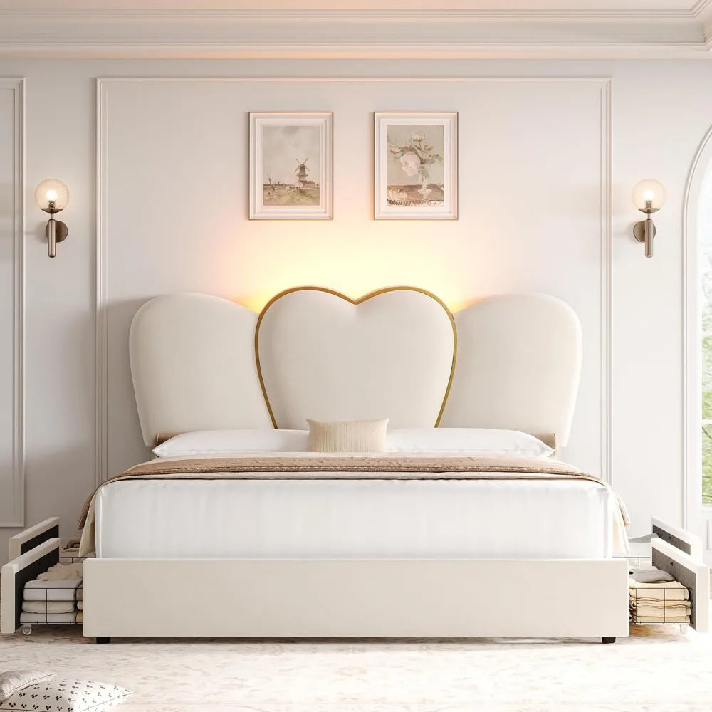 Modern Velvet Upholstered Platform Bed with 55 Tall Heart Shaped Headboard, Beige Bed