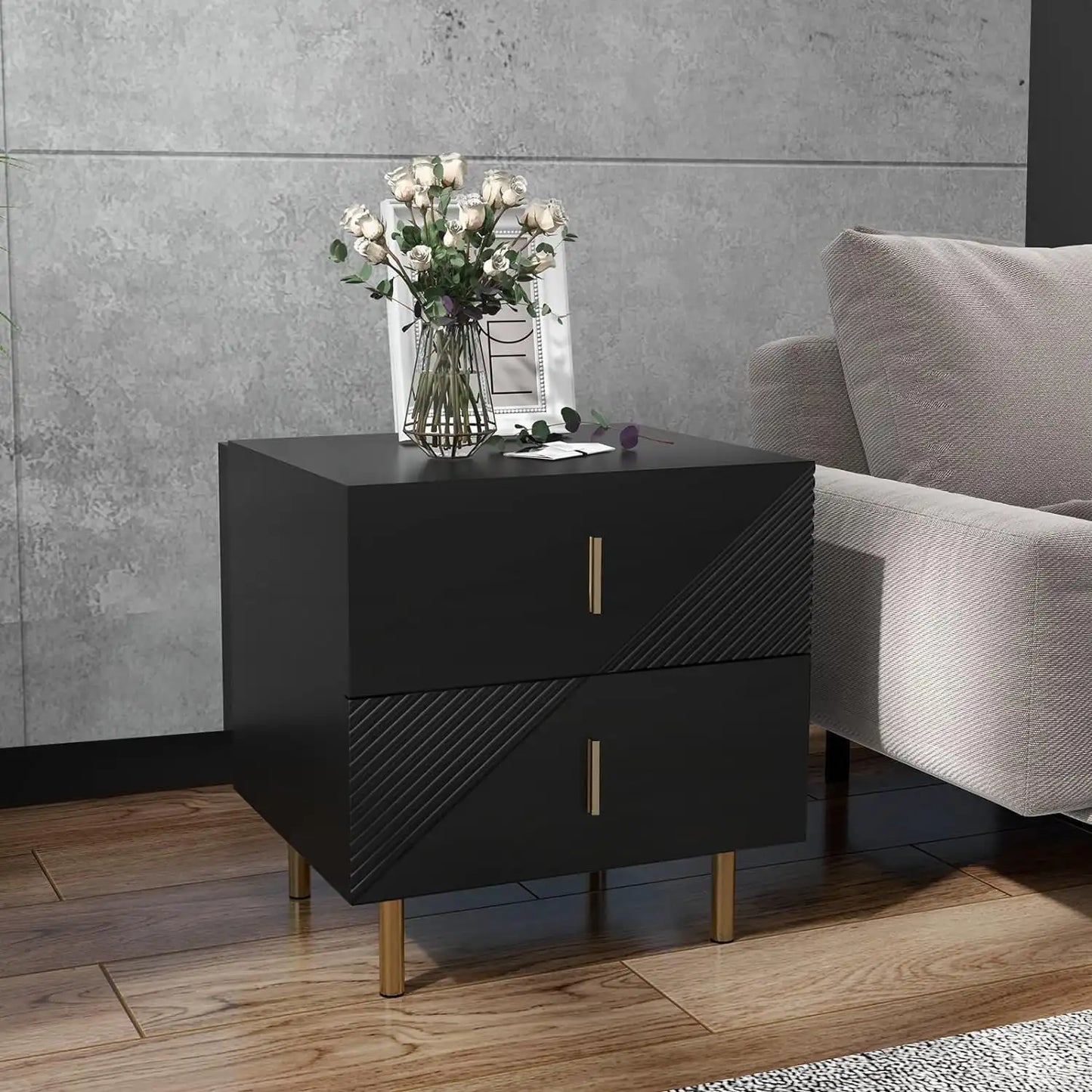 EPOWP Black Nightstand with Drawers