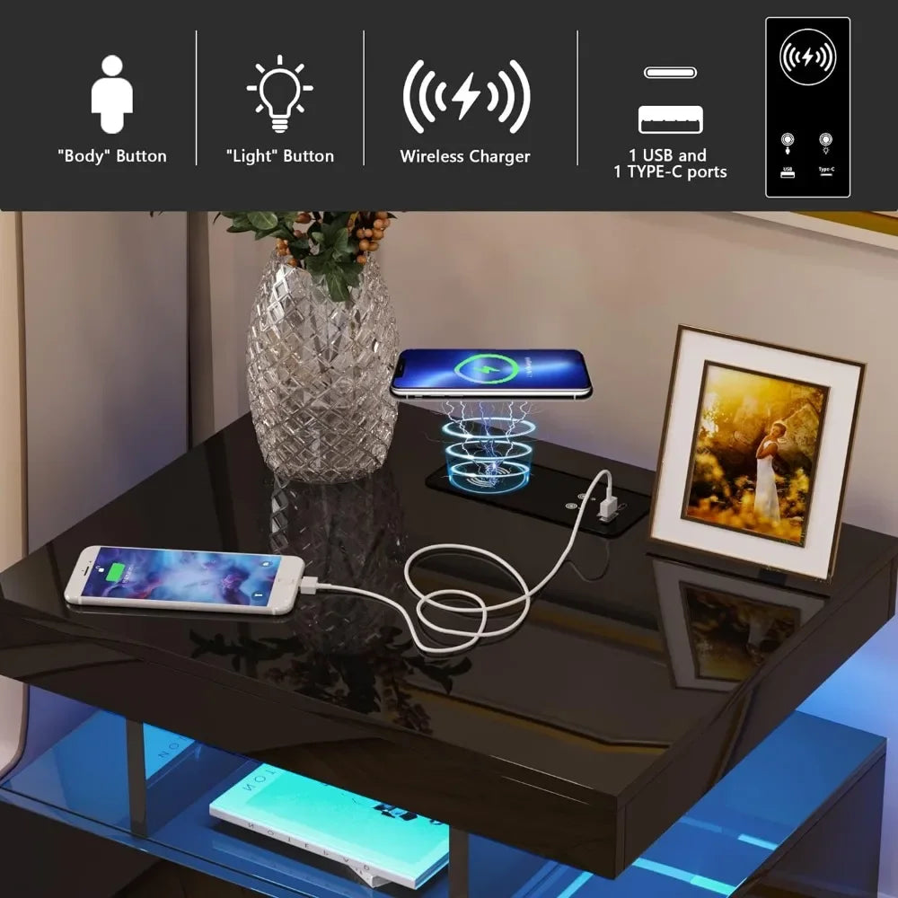 LED Nightstand With Wireless Charging Station and USB Port