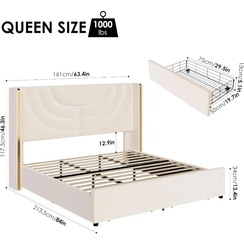 Queen Upholstered LED Bed Frame with 2 Storage Drawers