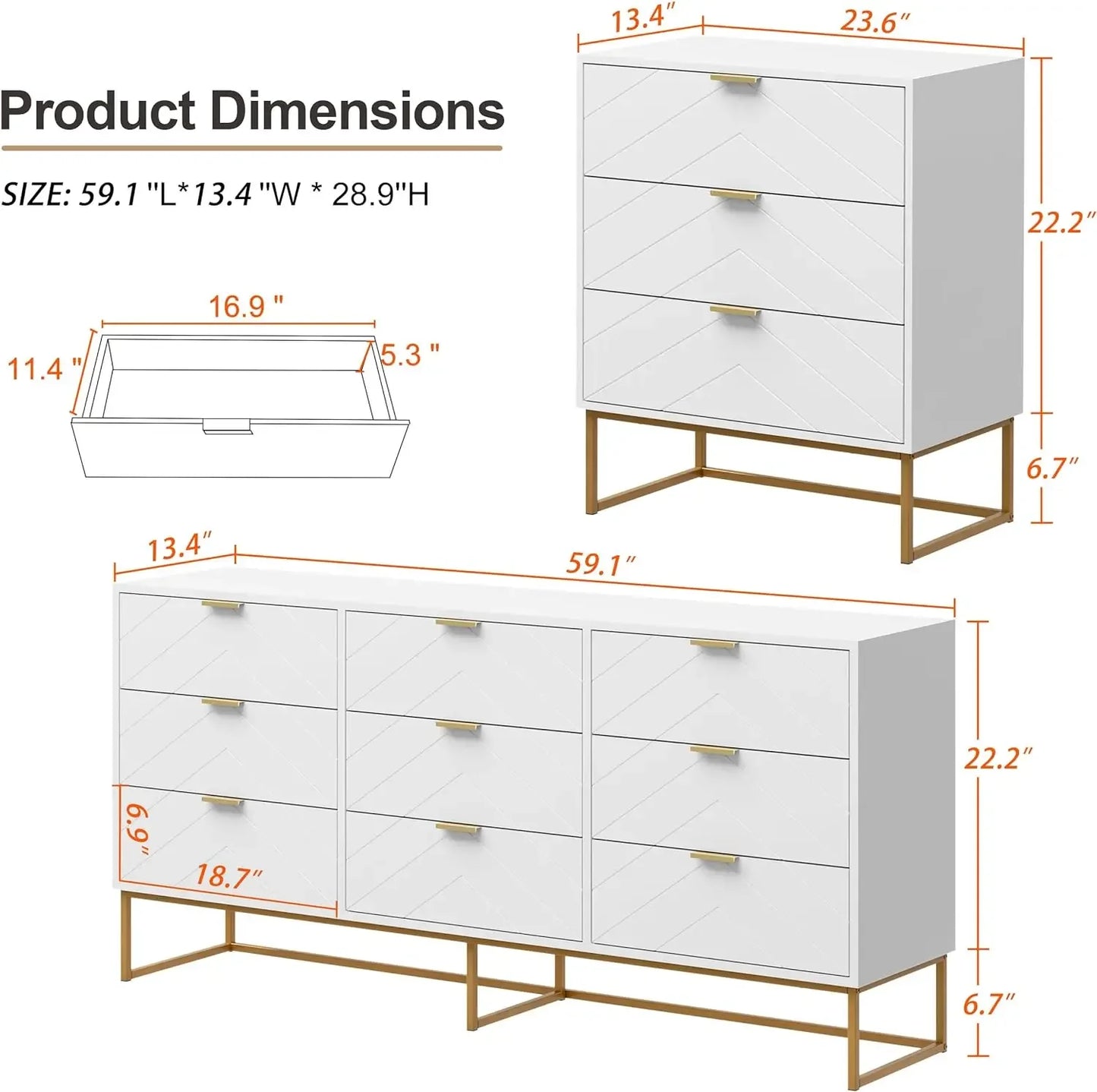 Large Chest of Drawers Storage Cabinet for Bedroom, White/Black