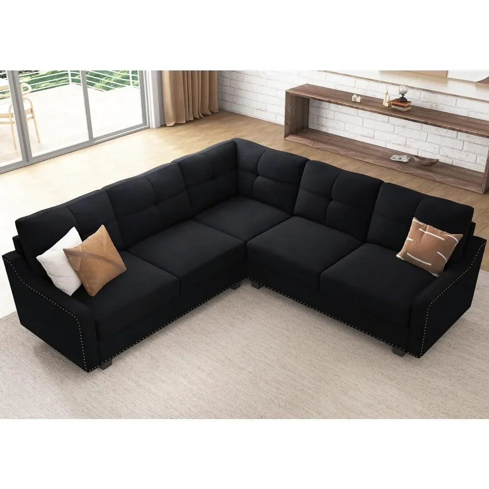 Convertible Sectional Sofa Velvet L Shaped Couch , Velvel Black Sofa