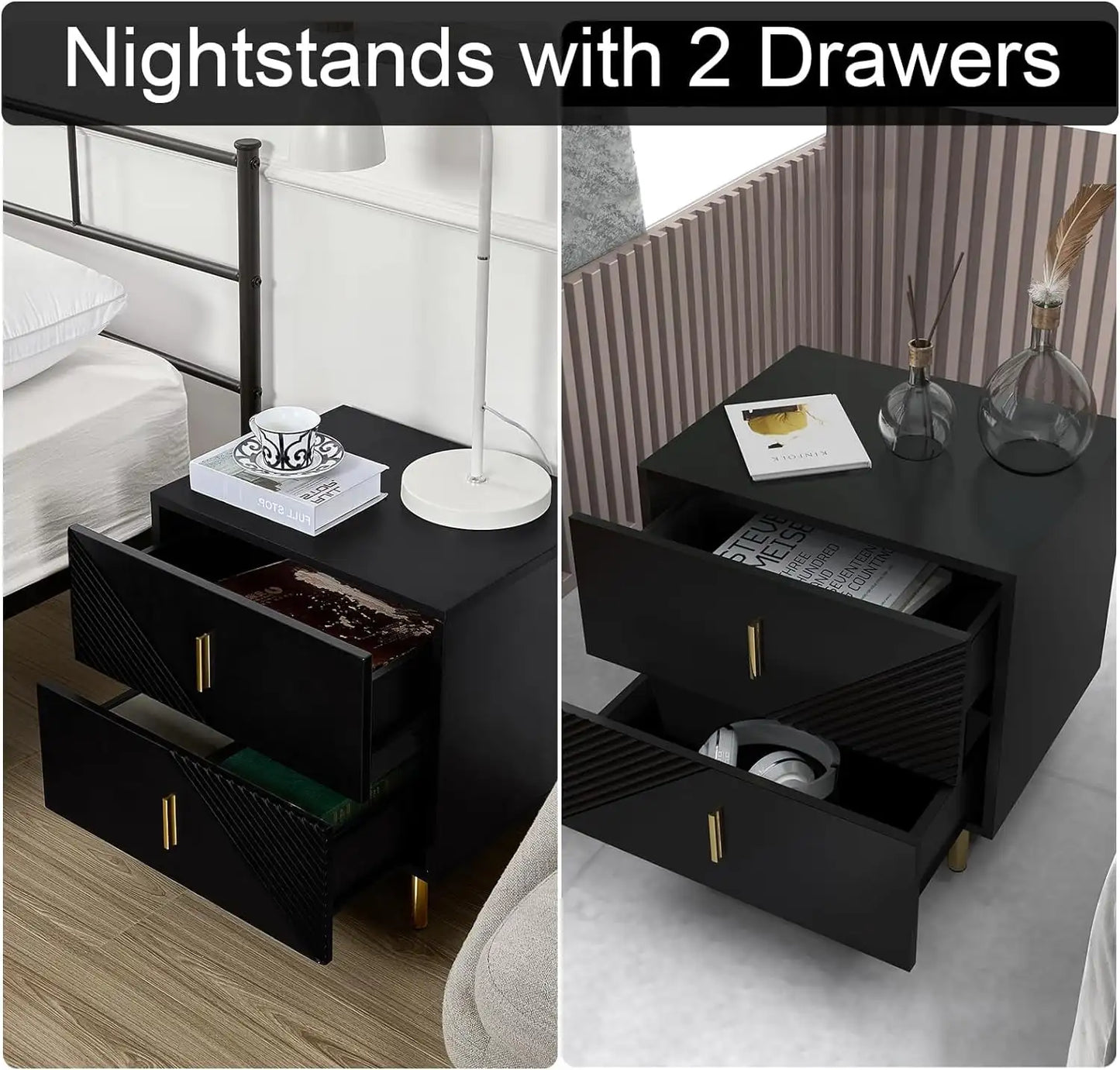 EPOWP Black Nightstand with Drawers