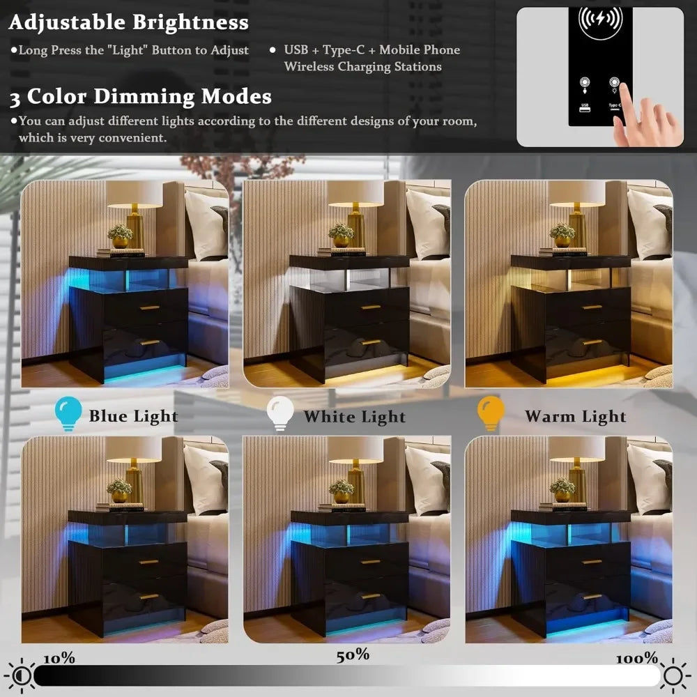 LED Nightstand With Wireless Charging Station and USB Port