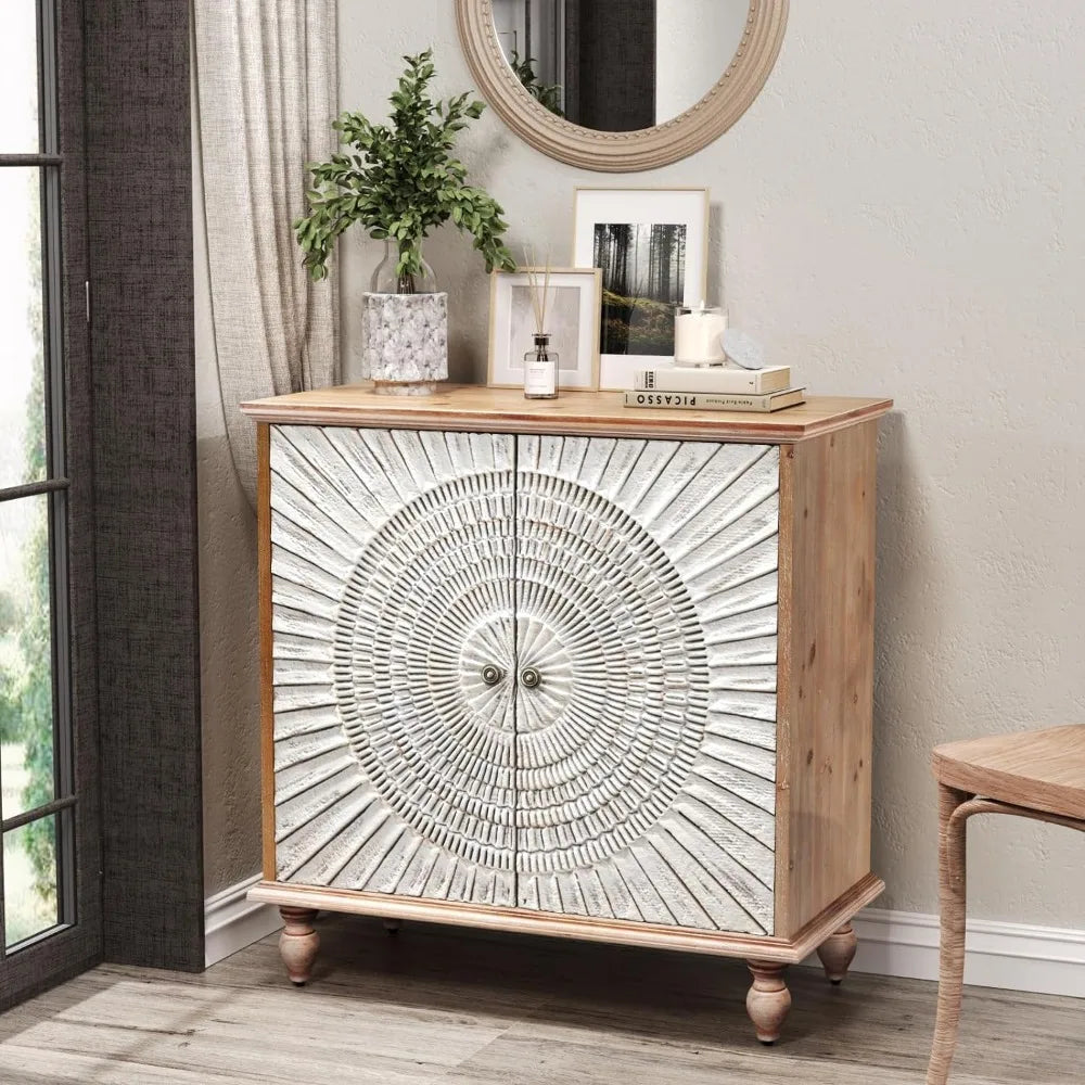 Carved Storage Cabinet with Two Door and Adjustable Shelf, Rustic Brown