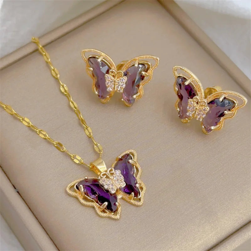 Cute Micro-inlaid Butterfly Necklace Earrings Set