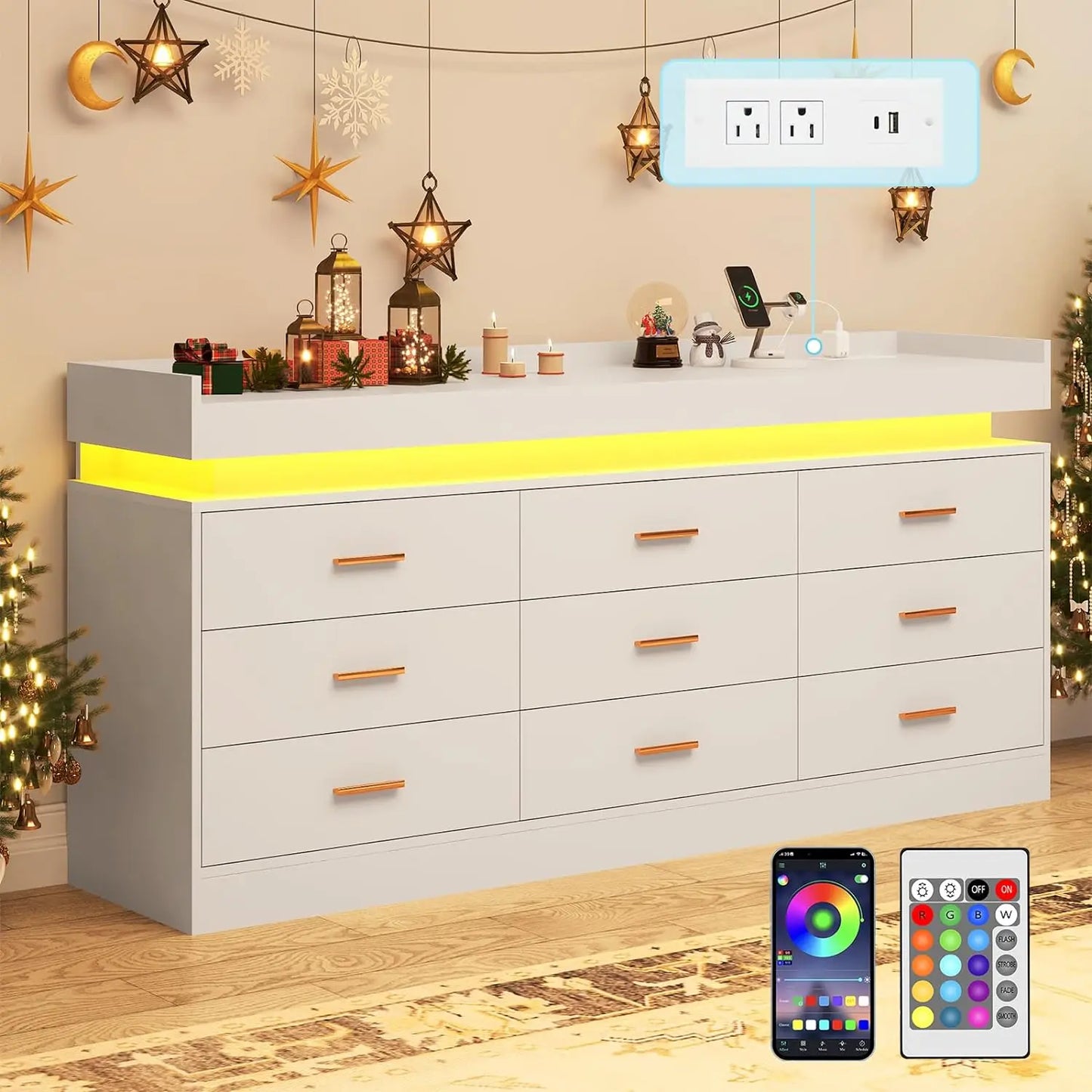 Drawer Dresser with Charging Station and LED Lights