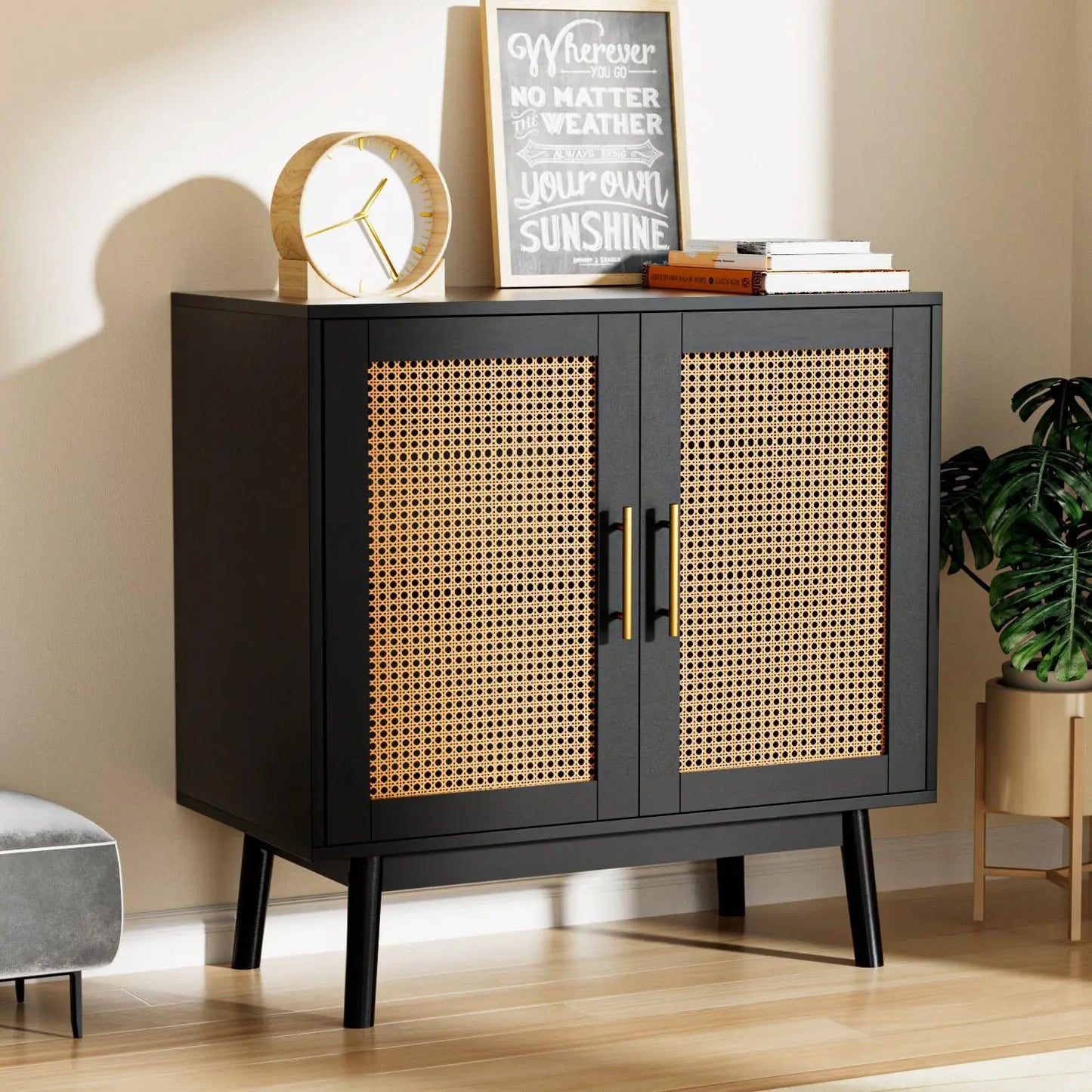 Accent Storage Cabinet with Rattan Decor Doors