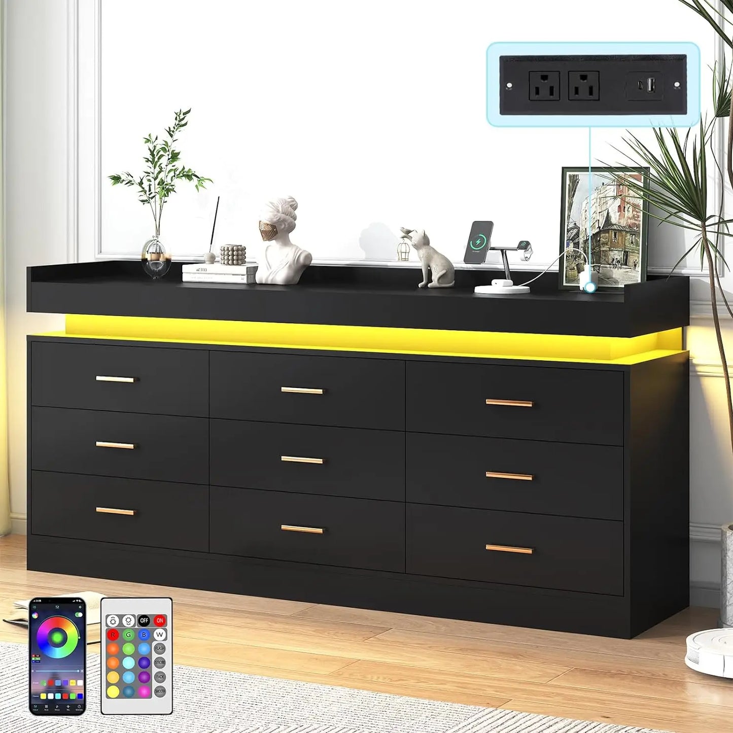 Drawer Dresser with Charging Station and LED Lights