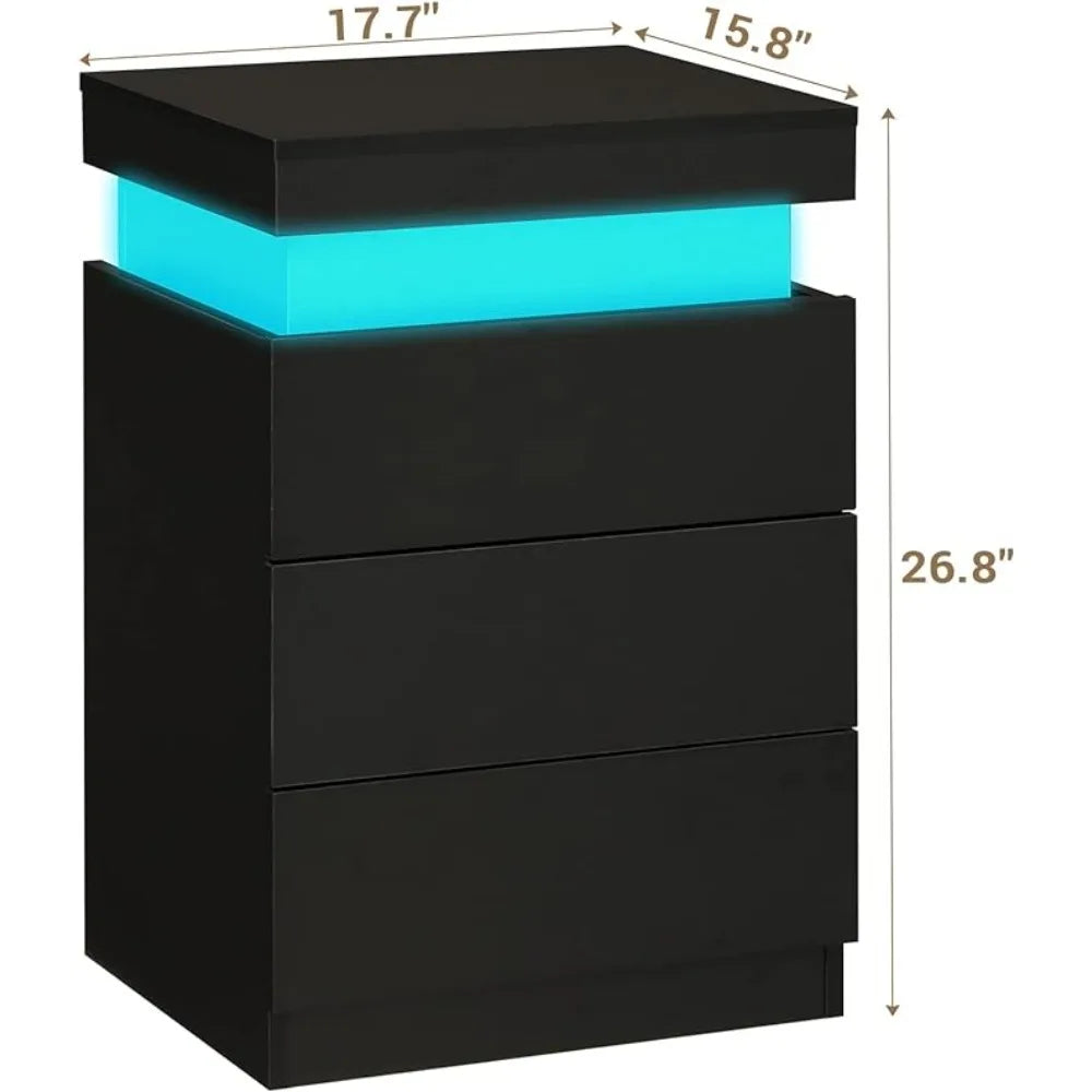 LED Bedside Table With 3 Bedroom Drawers